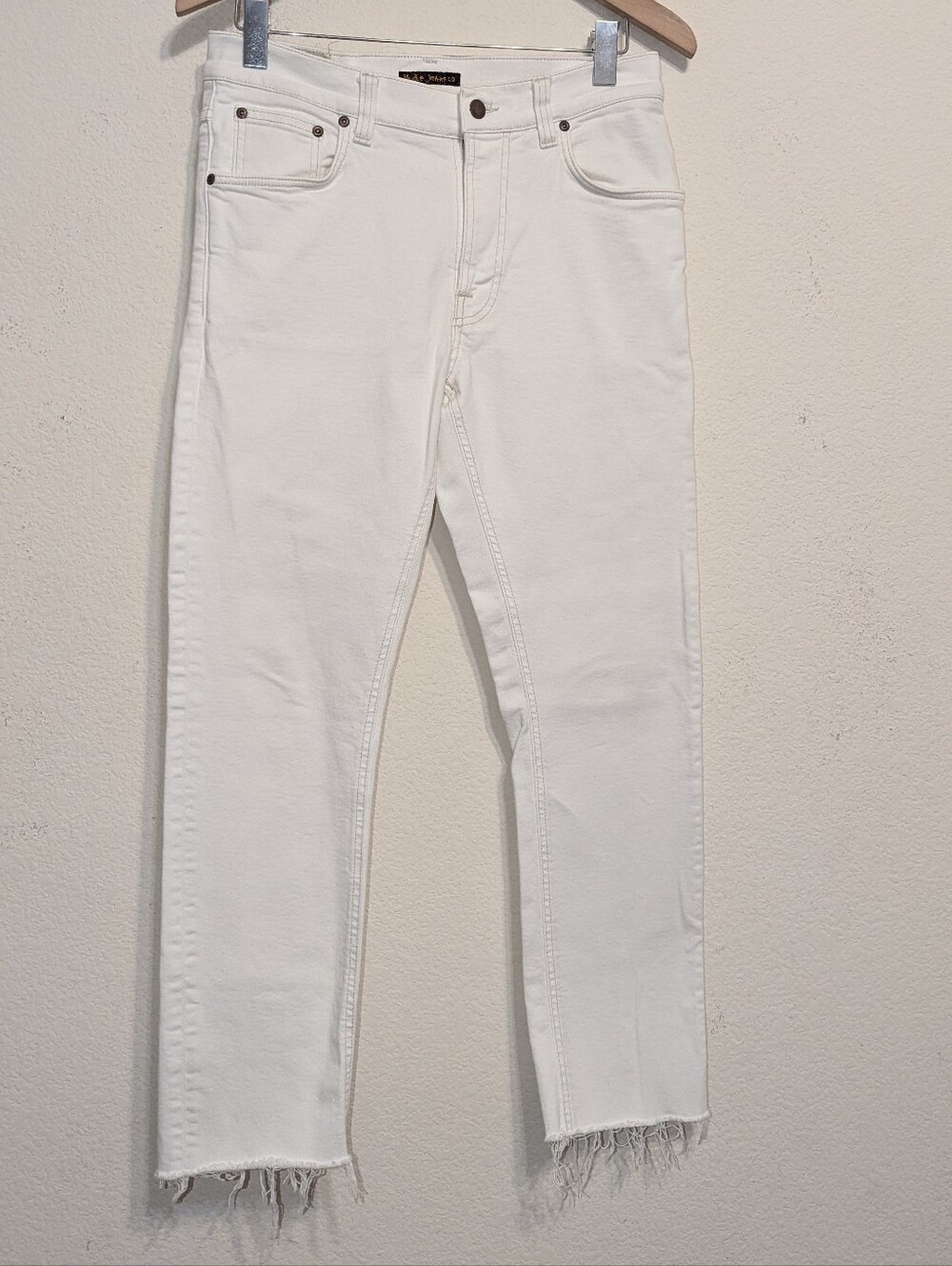 Nudie Lean Dean Jeans Mens 31x27 (Altered Hem) Ecru Twill Tapered  Cotton Denim